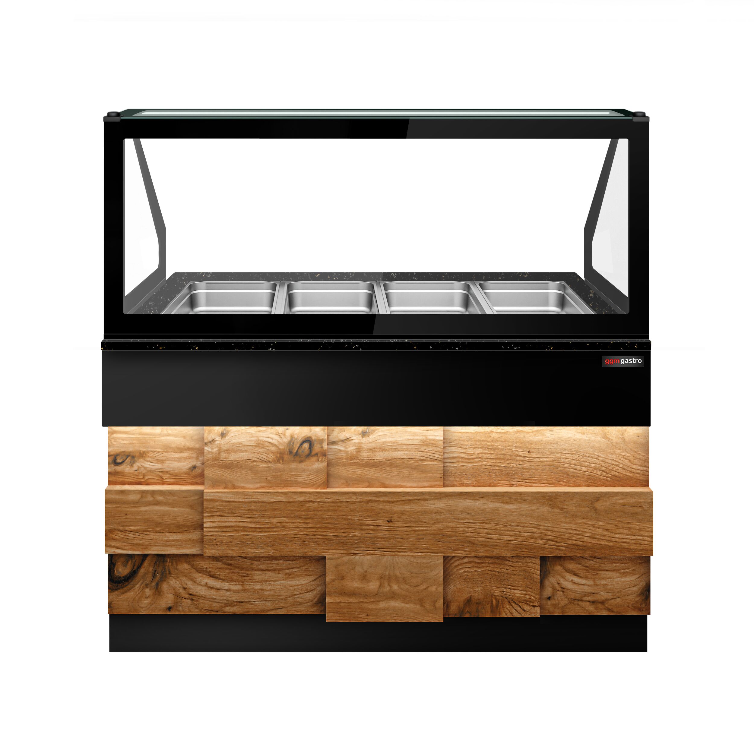 Vitrine chauffante TORONTO – 1500 mm – façade en bois – pour 4 × GN 1/1 – plan de travail en granit noir