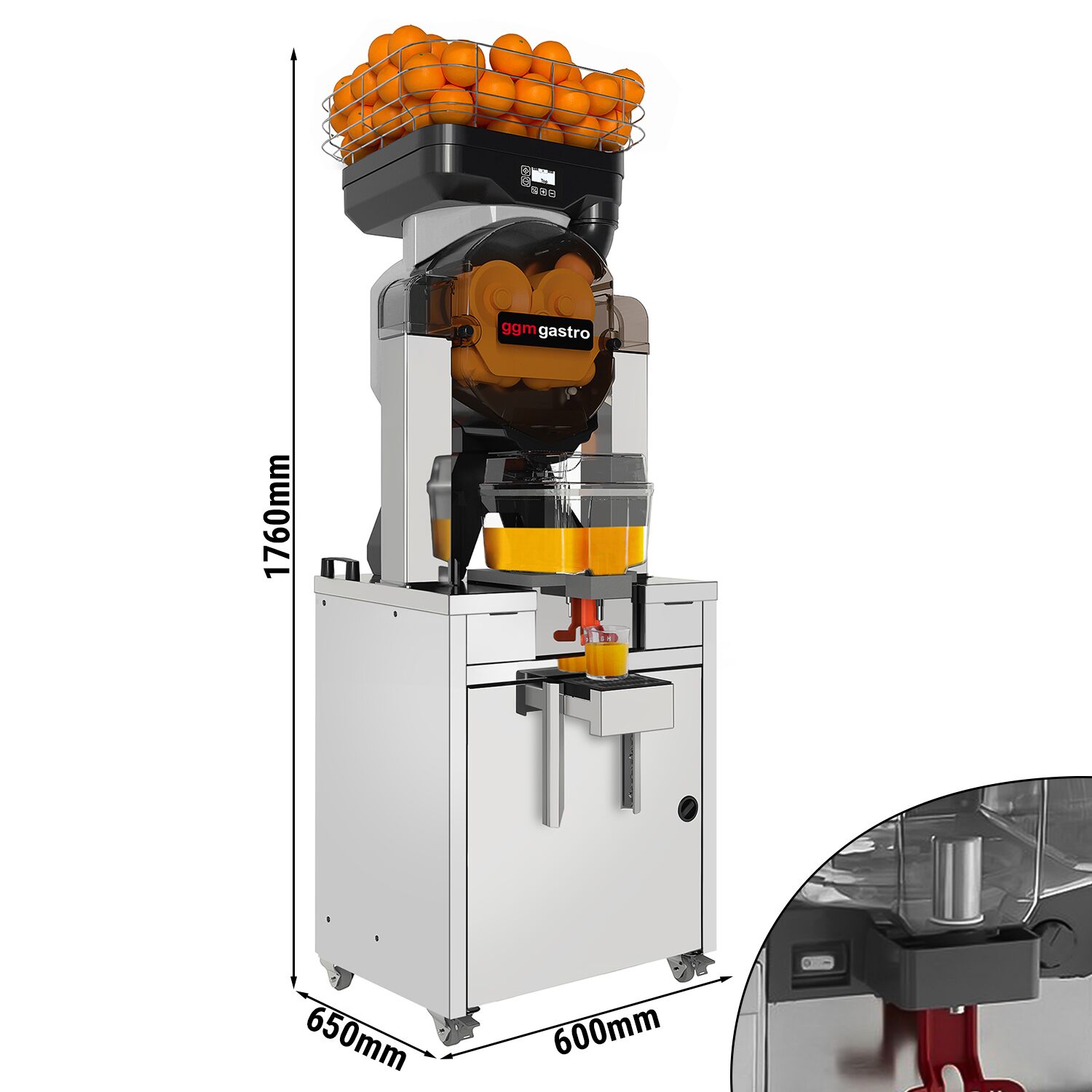 Espremedor elétrico de laranja - prata - com tanque de suco (com refrigeração), modo de limpeza e moldura