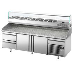 Pizzakylbänk PREMIUM PLUS - 2305x800mm - 2 luckor och 2 lådor - inkl. kylränna - 11x GN 1/4