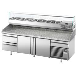 Pizzawerkbank PREMIUM PLUS - 2305x800mm - met granieten werkblad - met 2 deuren & 2 laden - incl. glasvitrine - 11x GN 1/4