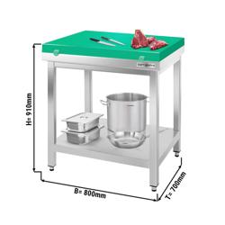 Table de travail en inox PREMIUM - 800x700mm - avec fond de base sans rebord y compris plaque de découpe	