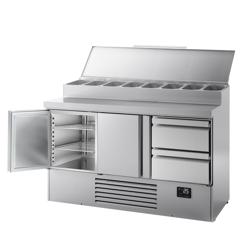 Table réfrigérée de préparation Mini - 1460 x 700 mm - avec 2 portes et 2 tiroirs - avec superstructure en inox 8 x GN 1/4