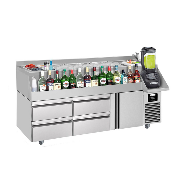 Bár/italhűtő asztal - 1,6 x 0,6 m - 235 liter - 1 ajtóval, 2 fiókkal 1/2 és polcokkal