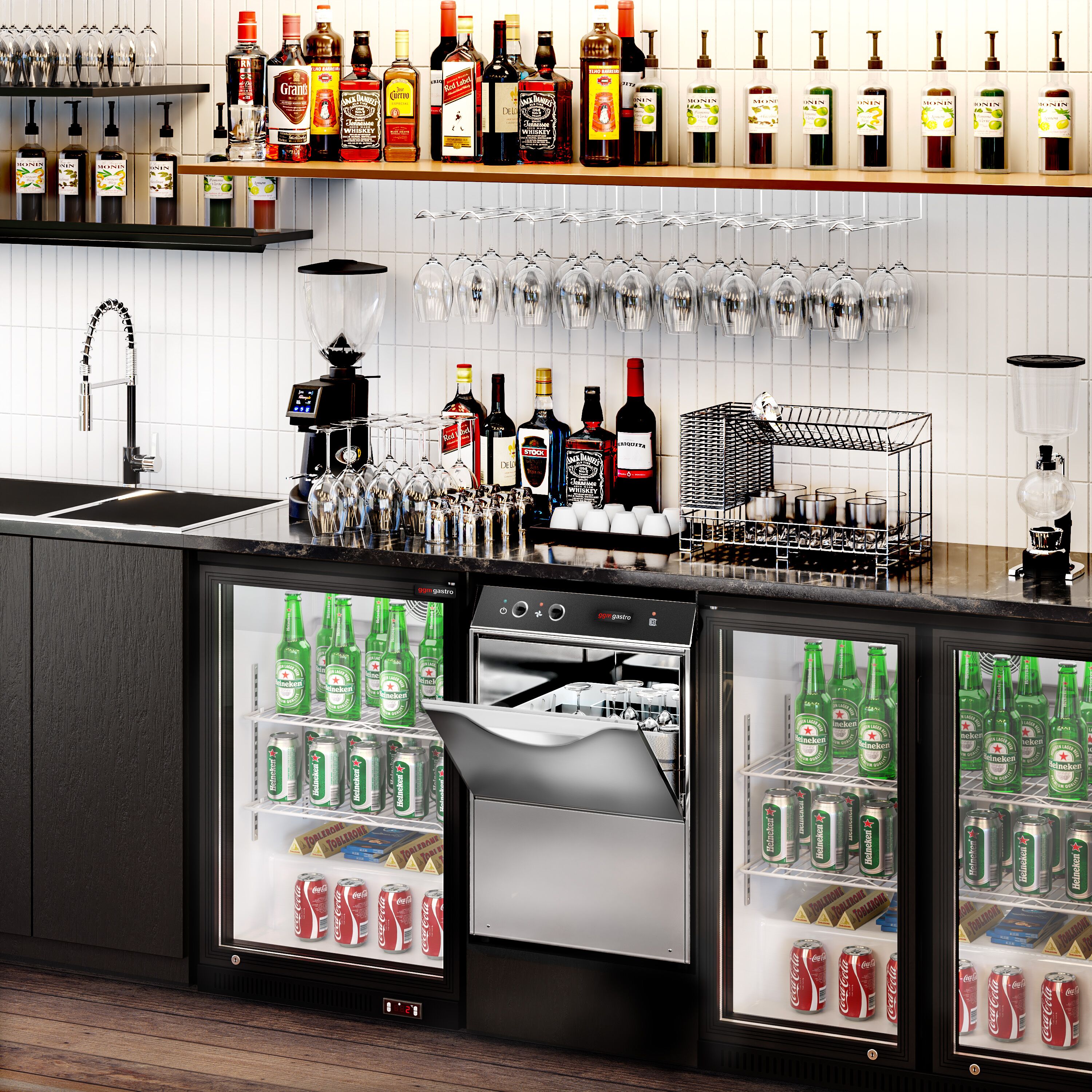 Lave-verres professionnel mini-à double paroi - Mécanique - 2,77kW - avec évacuation par gravité, pompe de liquide de rinçage
