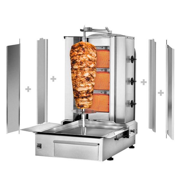 Gas Kebabgrill - 3 brännare - max. 40 kg - inkl. 2 stänkskydd & 2 dörrar