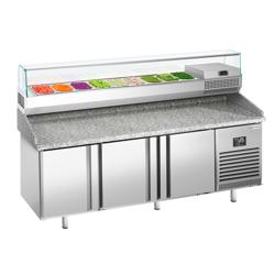 Pizzawerkbank PREMIUM PLUS - 1980x700mm - met granieten werkblad - met 3 deuren - incl. glasvitrine - 9x GN 1/4