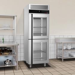 Koelkast RVS PREMIUM - GN 1/1 - GN 2/1 - 700mm - 700liter - tot +8°C - met 2 glasdeuren - geforceerde koeling, LED‑verlichting & automatische ontdooiing