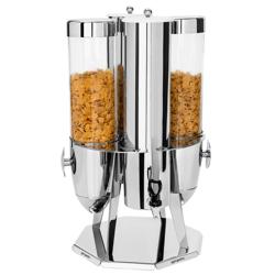 Dispenser per cereali - doppio - base girevole - Ø 120mm - dosatore a manopola - 2 contenitori in plastica trasparente - 2x 3,6 litri - supporto in acciaio inox