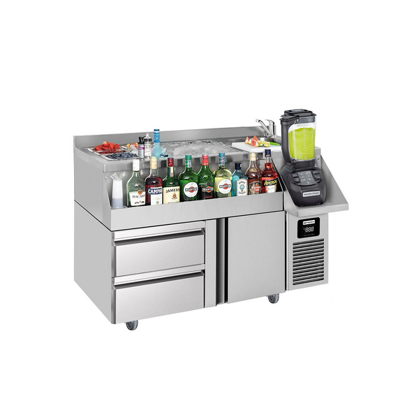 Bar & drink kylbänk - 1,2 x 0,6 m - 150 liter - med 1 dörr, 1 låda 1/2 & hyllor