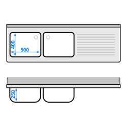 Bulaşık Makinesi Bölmeli Yıkama Tezgahı - 1800x600mm - 2 sol evyeli