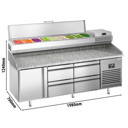 Pizzawerkbank PREMIUM PLUS - 1980x700mm - met granieten werkblad - met 1 deur & 4 laden - incl. opzetkoelvitrine - 9x GN 1/4