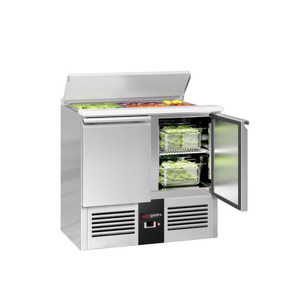 Commercial Saladette Prep Station PREMIUM – 2 Doors – GN 1/1 Pan Well – 903×700 mm – +2 to +8 °C – 35 mm insulation; 2 x GN1/1 + GN1/6 chilled top