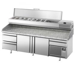 Pizzawerkbank PREMIUM PLUS - 2305x800mm - met granieten werkblad - met 2 deuren & 2 laden - incl. opzetkoelvitrine - 10x GN 1/3