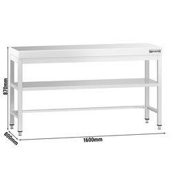 Työpöytä PREMIUM ruostumattomasta teräksestä - 1600x800mm - pohjalla ja kannattimilla 