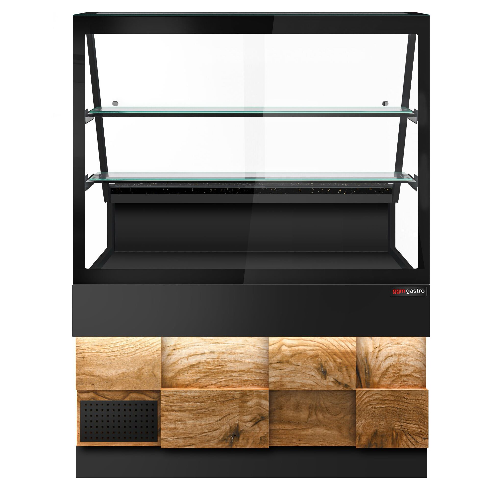 Comptoir réfrigéré TORONTO – 1300 mm – double vitrage – façade en bois – 2 étagères – plan de travail en granit Noir