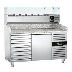 Stół chłodniczy do pizzy ECO - 1500x800mm - z blatem granitowym - 1‑drzwiowy, 7 szuflad - z nadstawką chłodniczą z osłoną szklaną - 6x GN 1/3