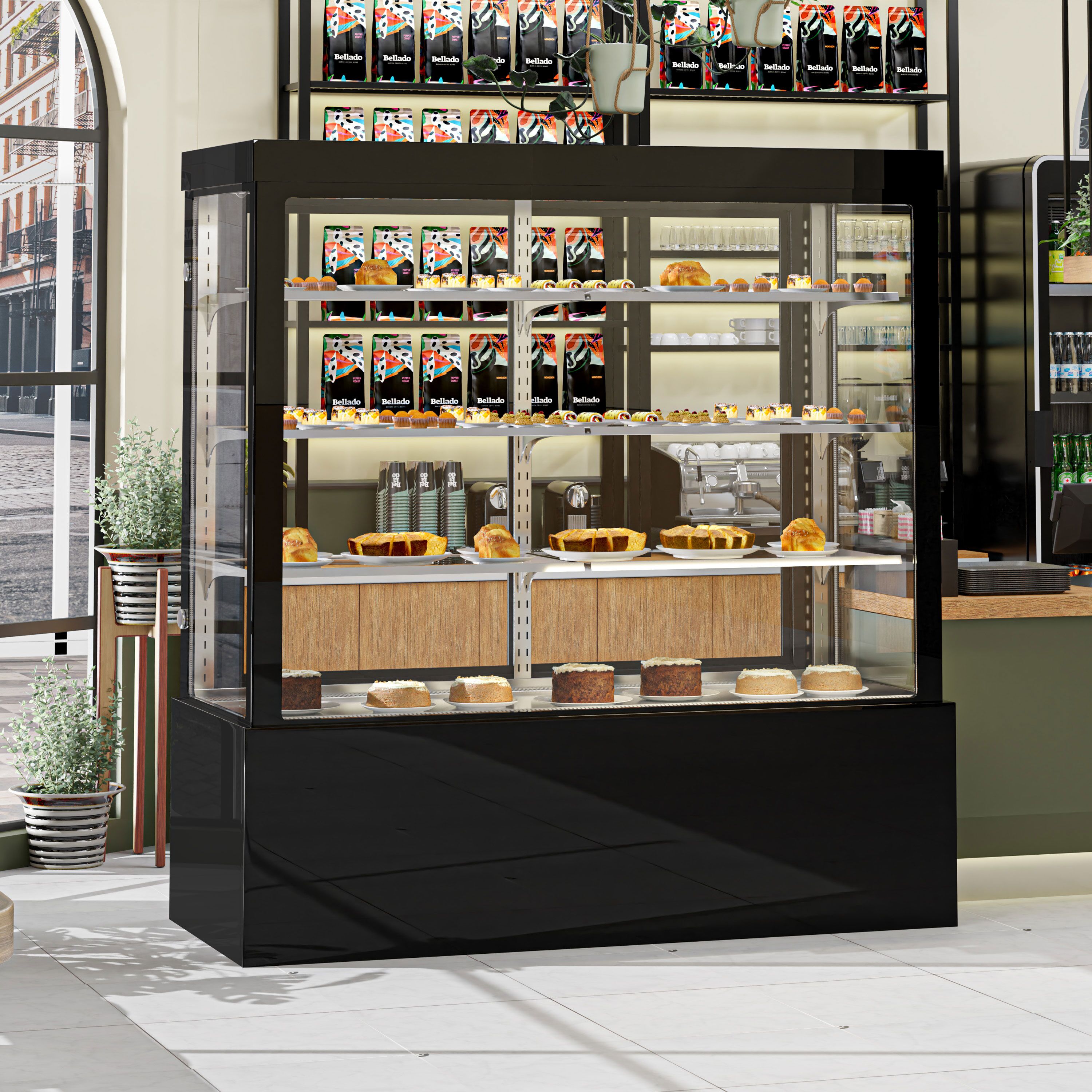 Vitrine de comptoir réfrigérée - 1850L - 1800mm - Double vitrage - avec 3 étagères - portes coulissantes vitrées arrière - Noir