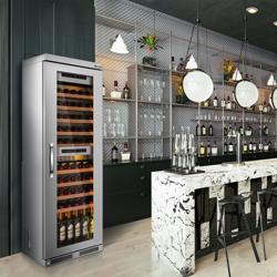 Üvegajtós borhűtő - fa polcokkal - 2 zónás - 100 l - max. 72 palack