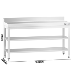 Table de travail en inox PREMIUM - 1600x600mm - avec plancher de base, rebord & plancher intermédiaire	