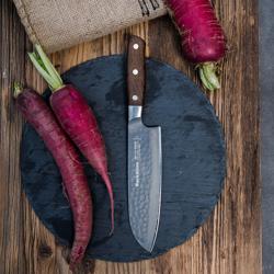 F. DICK | DarkNitro Santoku Knife – 180 mm Blade - Oak Wood Handle - Hammered Finish