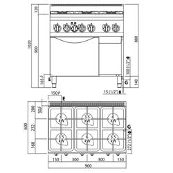 Gasfornuis - Lorenzo 600 - 900x600mm - 28,5 kW - 6 pits - incl. elektrische heteluchtoven - 3,0 kW