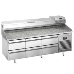 Pizzawerkbank PREMIUM PLUS - 1980x700mm - met granieten werkblad - met 6 laden - incl. opzetkoelvitrine - 9x GN 1/4