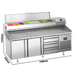 Pizzakylbänk PREMIUM PLUS - 1980x700mm - 2 luckor & 3 lådor - inkl. kylränna - 9x GN 1/4