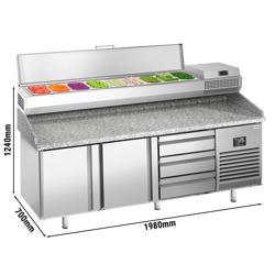 Pizzawerkbank PREMIUM PLUS - 1980x700mm - met granieten werkblad - met 2 deuren & 3 laden - incl. opzetkoelvitrine - 10x GN 1/4