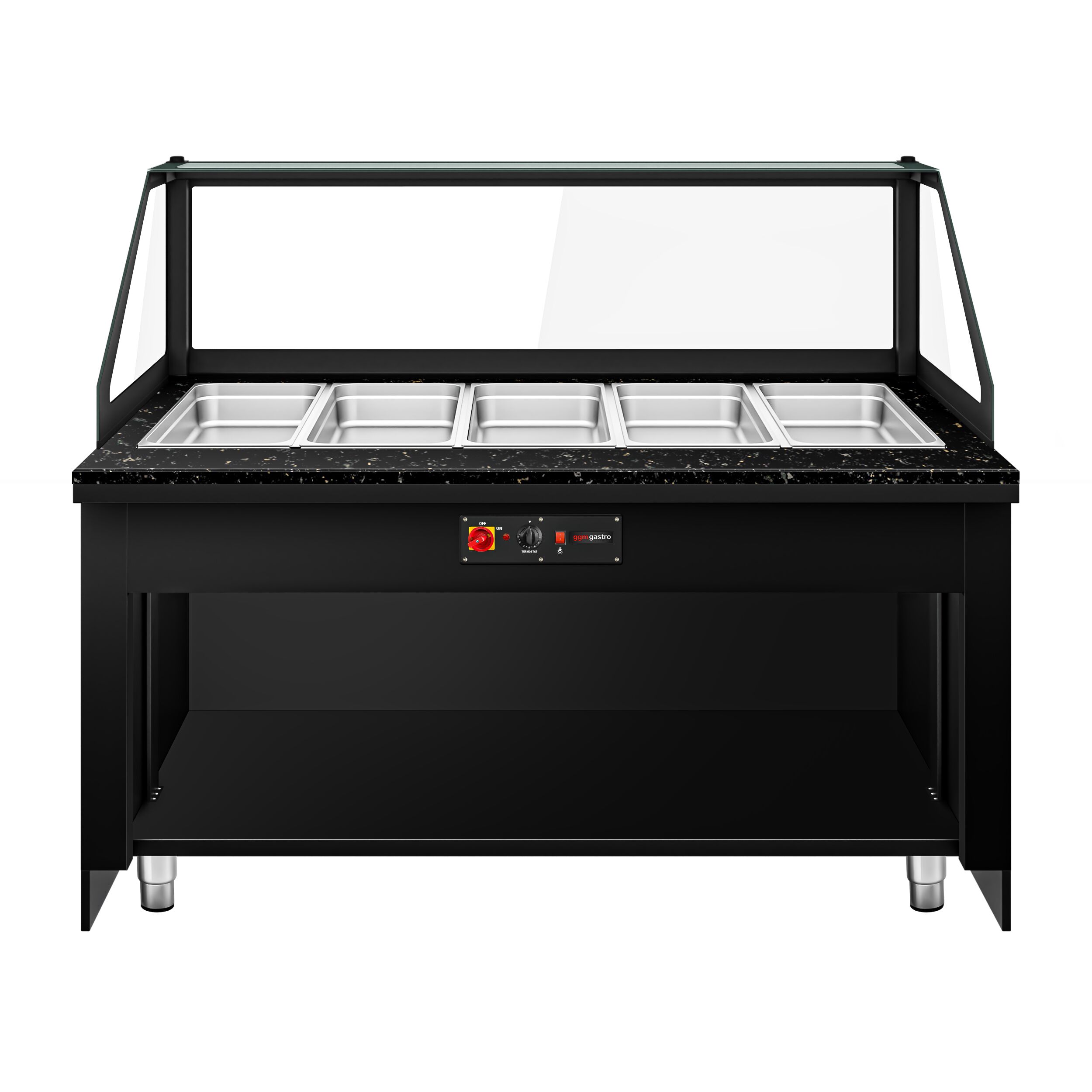 Vitrine chauffante TORONTO – 1800 mm – façade noire – pour 5 × GN 1/1 – plan de travail en granit noir
