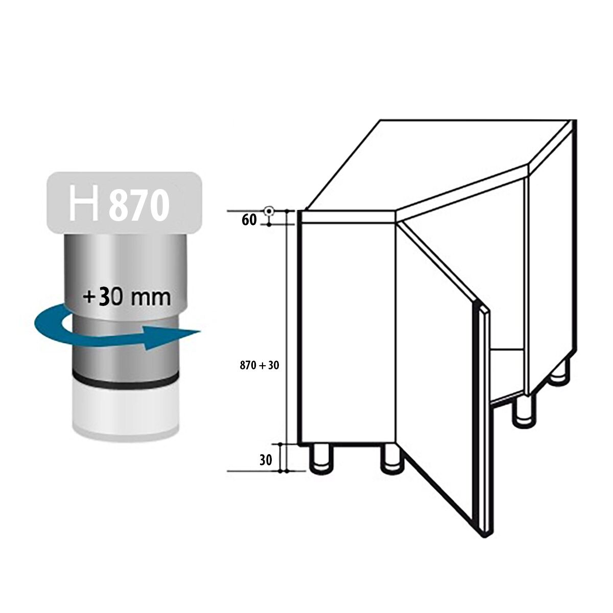 Table armoire d’angle en acier inoxydable PREMIUM - 1000x1000mm - avec portes battantes