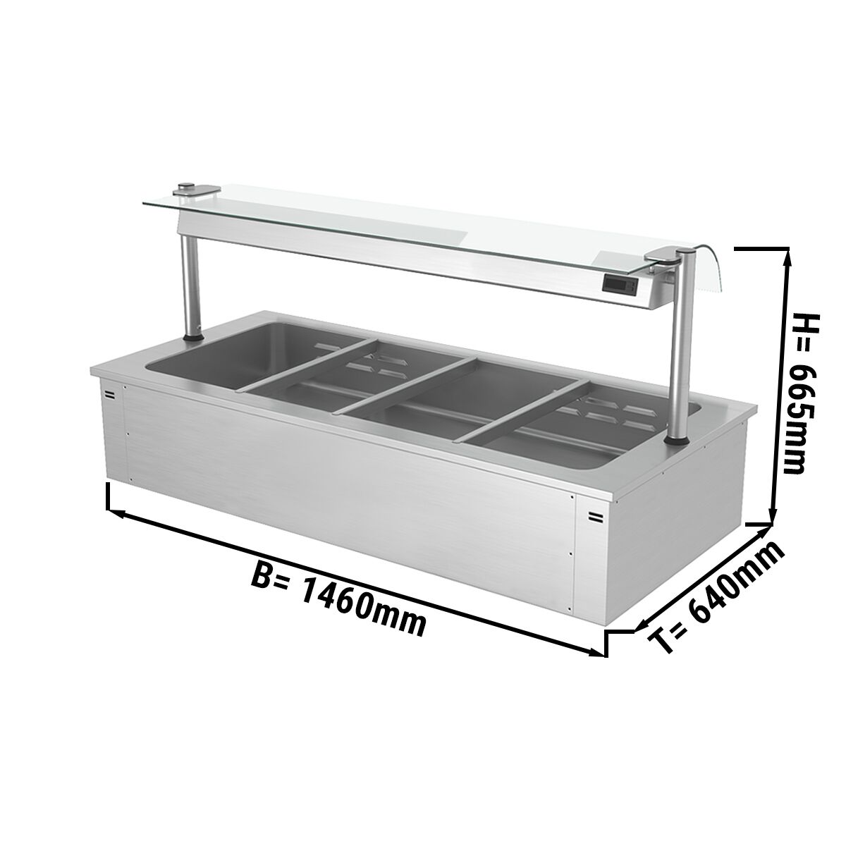 Bain-marie encastrable - 1,5 m - 4x GN 1/1 - avec pare-haleine en verre