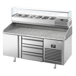 Pizzawerkbank PREMIUM PLUS - 1490x700mm - met granieten werkblad - met 1 deur & 3 laden - incl. glasvitrine - 6x GN 1/4