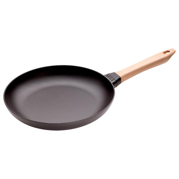 STAUB| Round Bare Cast Iron Frying Pan, Wooden Handle – Ø 28 cm - Black, Smooth Base, No Pour Spout, Hanging Eye