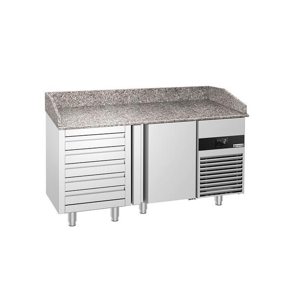Masă frigorifică pentru preparare pizza PREMIUM - cu blat din granit - 1550x800 mm - cu 3 uși & 3 sertare