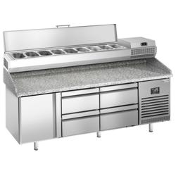 Masă de preparare pizza Premium PLUS - 1980x700mm - cu 1 usa si 4 sertare incl. vitrină frigorifică - 9x GN 1/4
