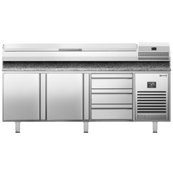 Pizzakylbänk PREMIUM PLUS - 1980x700mm - 2 luckor & 3 lådor - inkl. kylränna - 9x GN 1/4