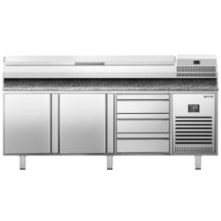 Pizzakylbänk PREMIUM PLUS - 1980x700 mm - granitskiva - med 2 dörrar & 3 lådor - inkl. kylränna - 10x GN 1/4