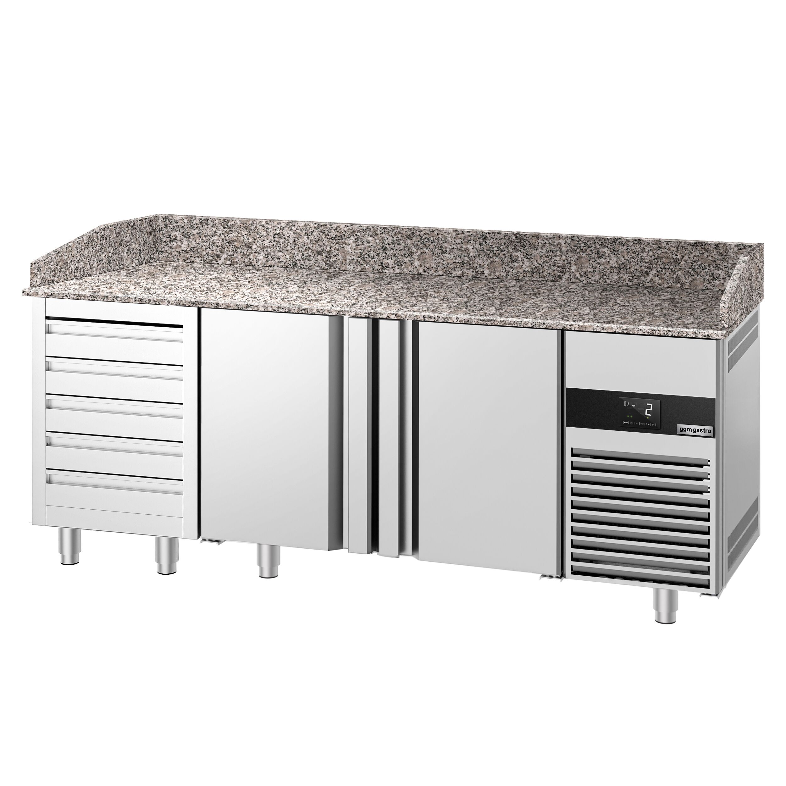 Table réfrigérée pour pizza PREMIUM - 2100 x 800 mm - avec 2 portes & 5 tiroirs