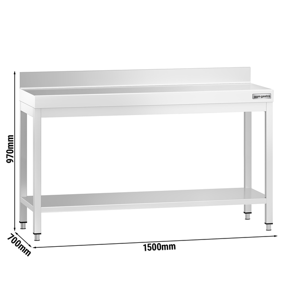 Mesa de trabalho PREMIUM - em Aço Inoxidável  - 1,5 m - com estrutura e prateleira de base e com rebordo posterior