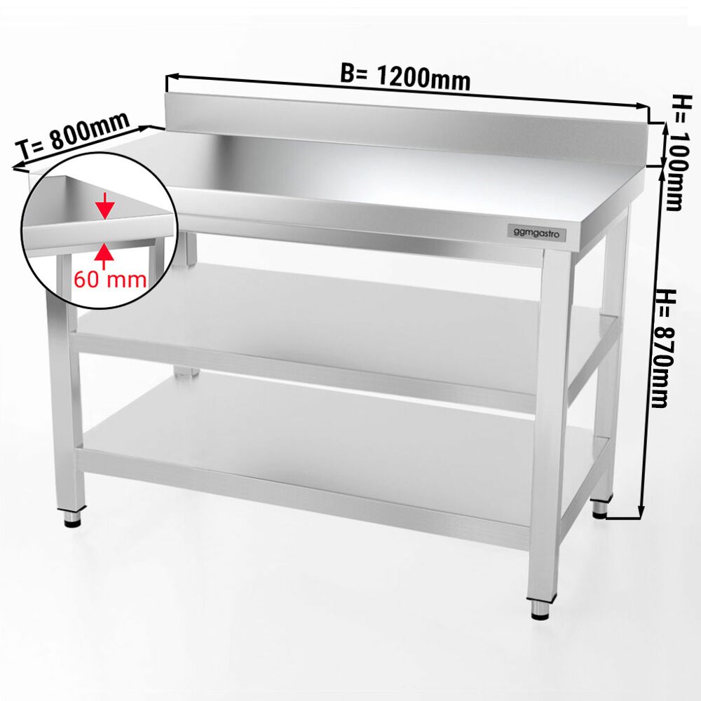 Radni stol od nehrđajućeg čelika PREMIUM - 1200x800 mm - Sa podnom pločom, poleđinom & međupločom