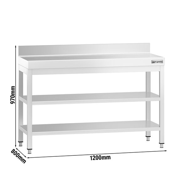 Edelstahl Arbeitstisch PREMIUM - 1200x800mm - mit Grundboden, Aufkantung & Zwischenboden
