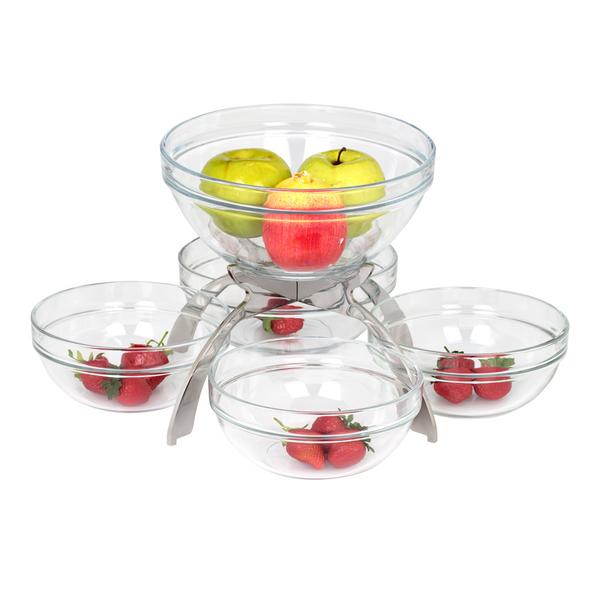 Etagere / buffetstandaard - RVS - Hoogte: 340mm - incl. 5 glazen schalen 4x170x170mm, 1x200x200mm - met 5 lagen