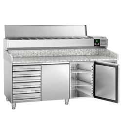 Balcão de pizza refrigerado PREMIUM - 2025x800mm - com tampo em granito - com 2 portas e 7 gavetas 600x400mm - incl. vitrina refrigerada superior LED - 9x Recipientes GN 1/3