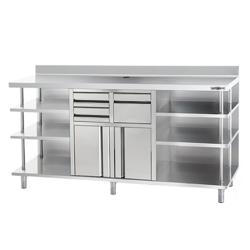 Commercial Work Cabinet - Coffee Machine Cabinet PREMIUM – Stainless Steel – Knock Box – 2 Door – 2 Drawers – 3-Tier Shelves L+R – 2450×600 mm