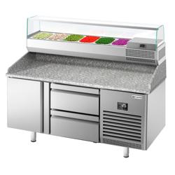 Pizzawerkbank PREMIUM PLUS - 1490x700mm - met granieten werkblad - met 1 deur & 2 laden - incl. glasvitrine - 6x GN 1/4