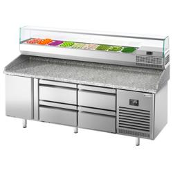 Pizzawerkbank PREMIUM PLUS - 1980x700mm - met granieten werkblad - met 1 deur & 4 laden - incl. glasvitrine - 9x GN 1/4