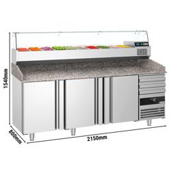 Pizzawerkbank PREMIUM - 2150x800mm - met granieten werkblad - met 3 deuren & 3 laden - incl. opzetkoelvitrine - 10x GN 1/3