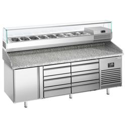 Pizzawerkbank PREMIUM PLUS - 1980x700mm - met granieten werkblad - met 1 deur & 6 laden - incl. glasvitrine - 9x GN 1/4
