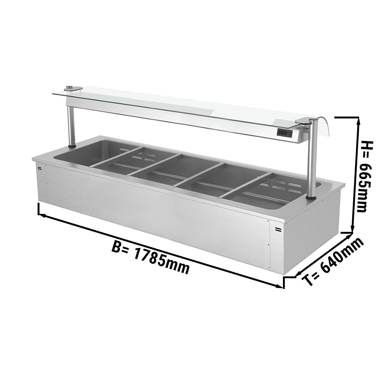 Bain-marie encastrable - 1,8 m - 5x GN 1/1 - avec pare-haleine en verre
