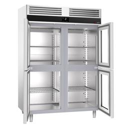Armario frigorífico de acero inoxidable PREMIUM - GN 2/1 - 1400L - con 4 medias puertas de cristal - ventilado; R290; desescarche automático; monobloque